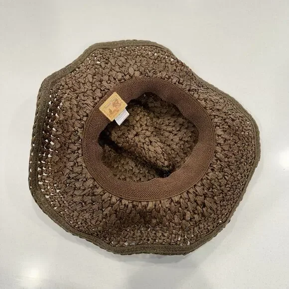 Tropical Trends Women’s Straw Hat Brown Flower Trim One Size Summer Wide Brim - Picture 4 of 8